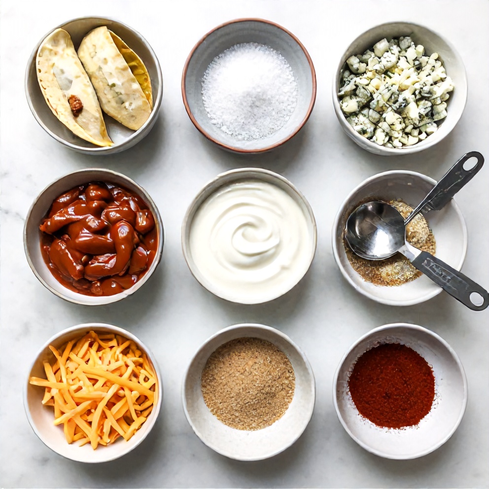 Raw ingredients for Buffalo Chicken Taquitos on a marble surface