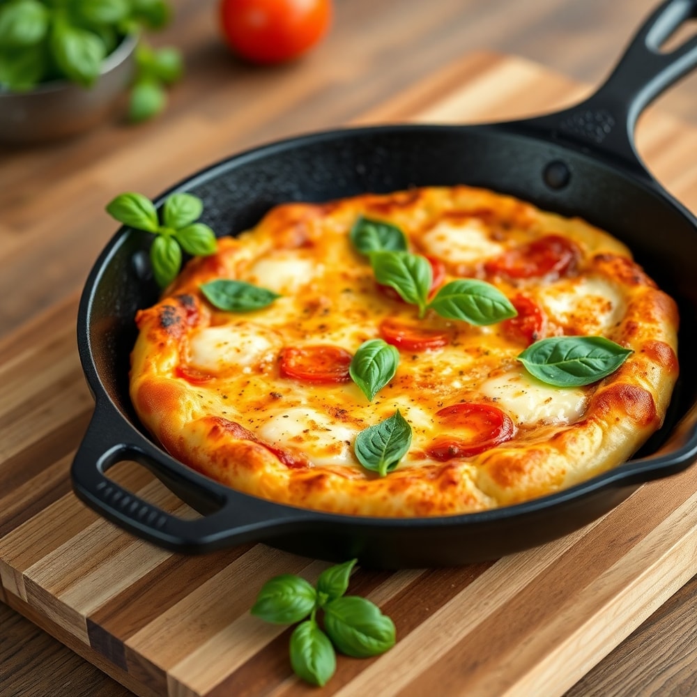 Plated Crispy Cast Iron Skillet Pizza with fresh basil and a crispy crust