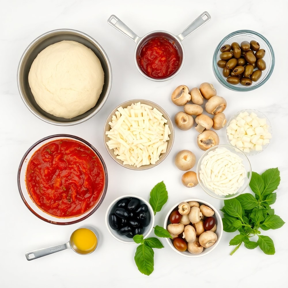 Raw ingredients for Crispy Cast Iron Skillet Pizza including dough, sauce, cheese, and toppings
