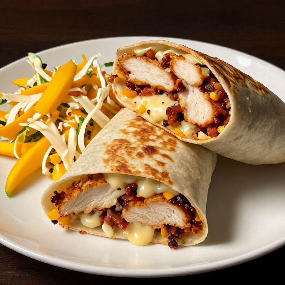 Plated Chicken Bacon Ranch Wrap with a side of fresh mango slaw