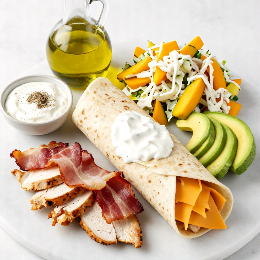 Raw ingredients for Chicken Bacon Ranch Wrap on a marble surface