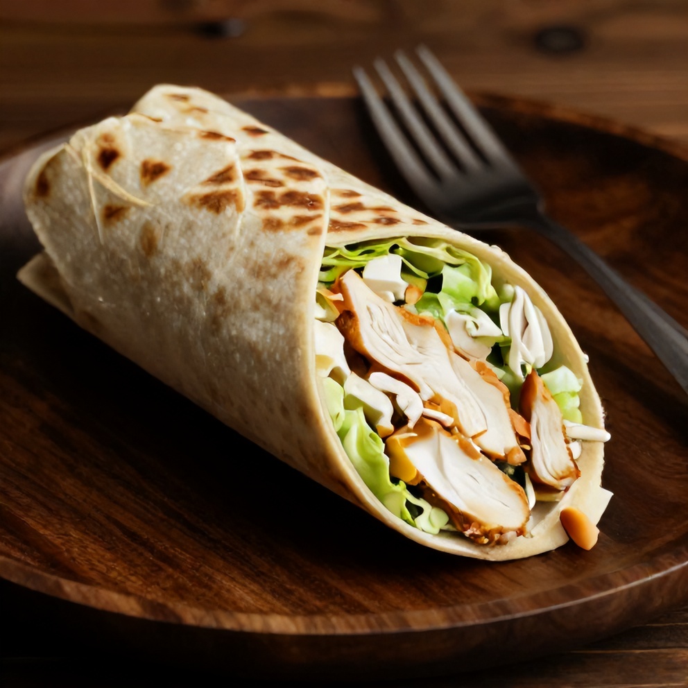 Chicken caesar wrap on a plate with a fork
