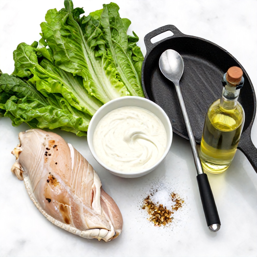 Raw ingredients for chicken caesar wraps on a marble surface