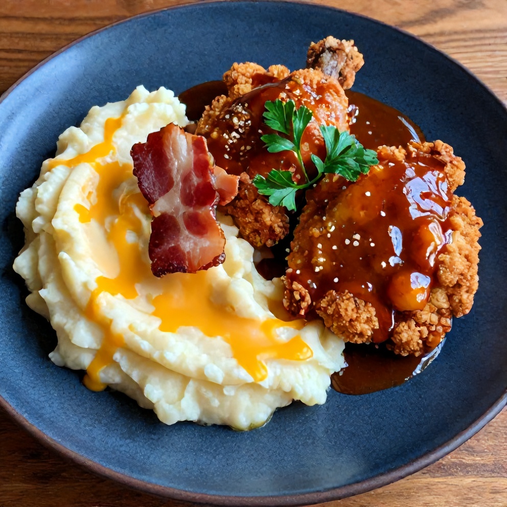 Finished Crispy Chipotle Honey Chicken Thighs with Gouda Mashed Potatoes