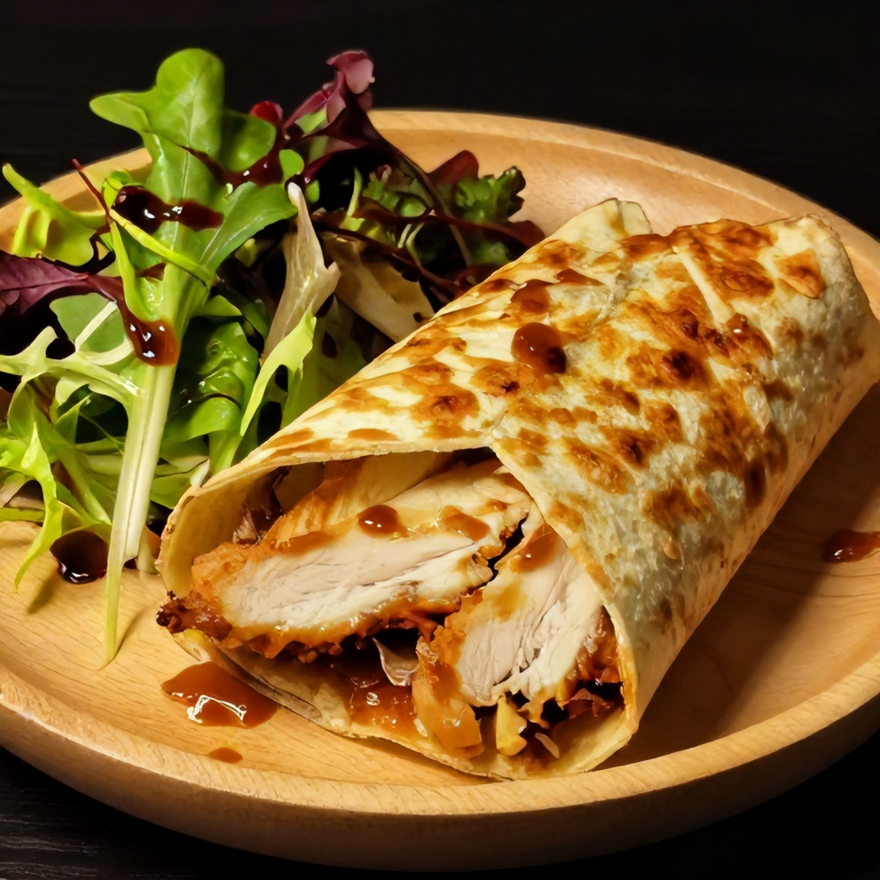 Plated crispy cottage cheese flatbread chicken wrap with a side of mixed greens