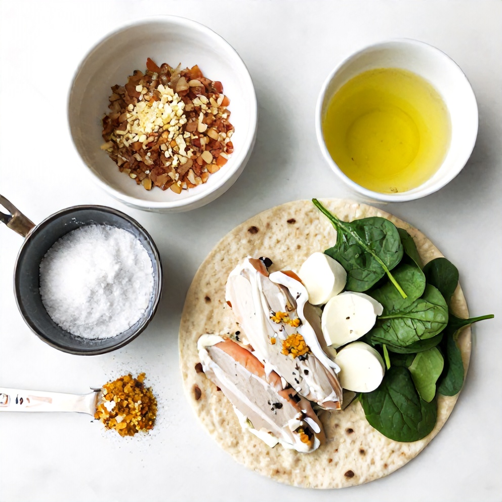 Raw ingredients for cottage cheese flatbread chicken wraps on a marble surface