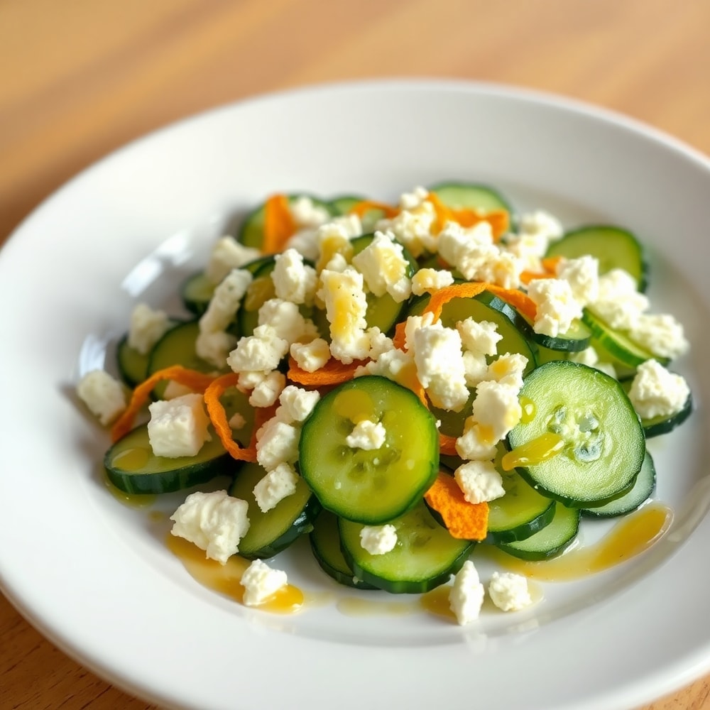 One perfect plated serving of Crispy Cucumber Feta Salad on a white plate, showing crispy cucumbers, crumbled feta, and a drizzle of tangy dressing.