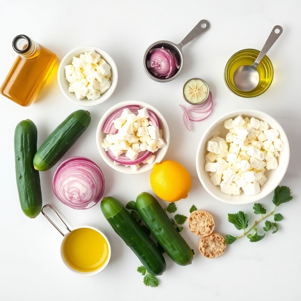 Overhead flat lay of raw ingredients for Crispy Cucumber Feta Salad: cucumbers, red onion, feta, olive oil, lemon, and other key ingredients. White marble surface, bright even light.