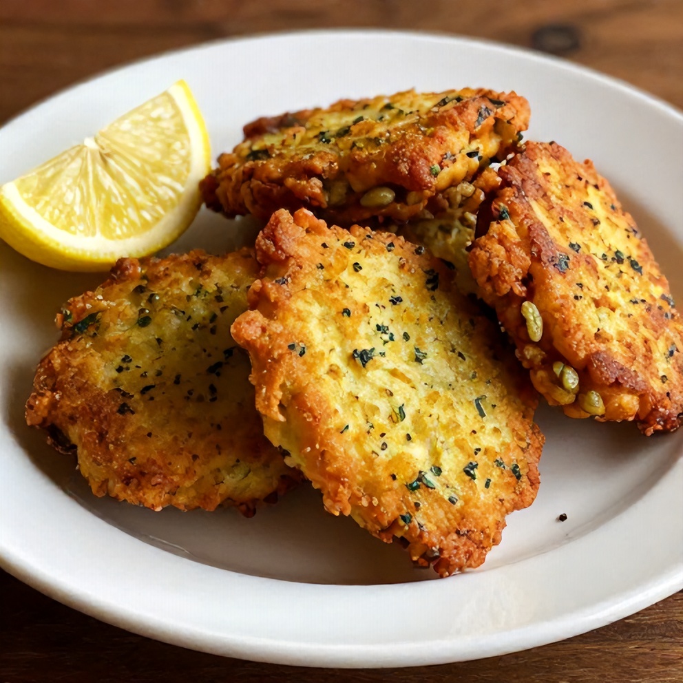 Plated Dill Pickle Fritters with a lemon wedge