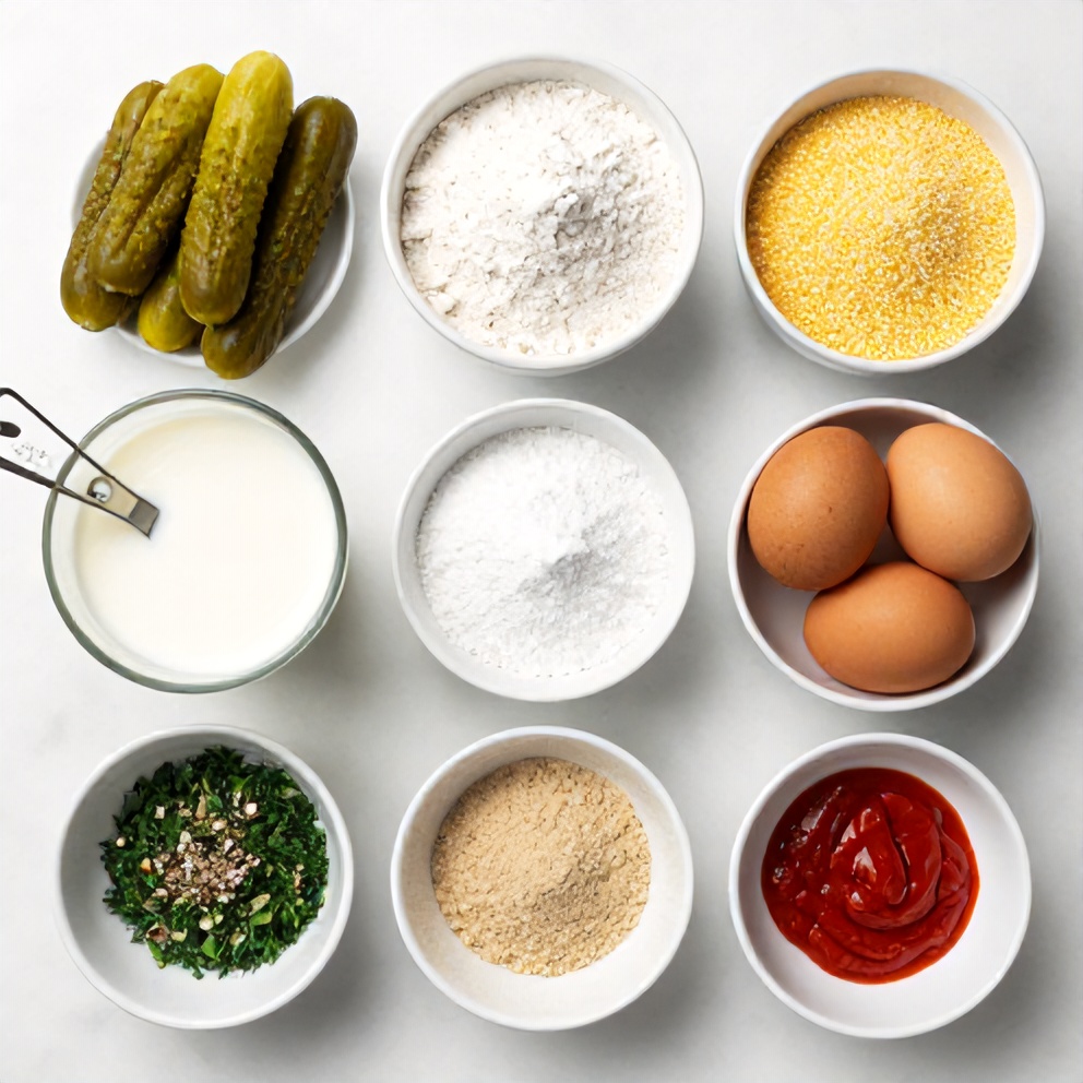 Raw ingredients for Dill Pickle Fritters on a marble surface