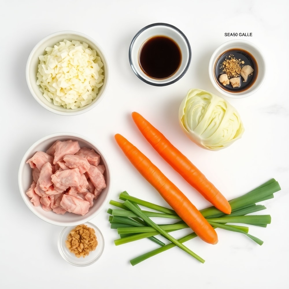 Raw ingredients for Egg Roll in a Bowl - ground pork, cabbage, carrots, green onions, soy sauce, garlic, ginger