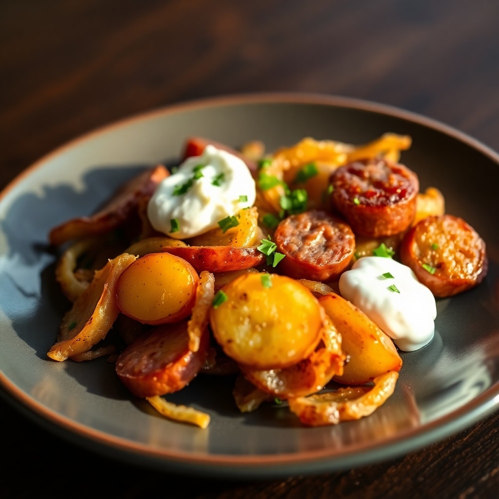 Plated fried potatoes, onions, and smoked Polish sausage with a side of green salad