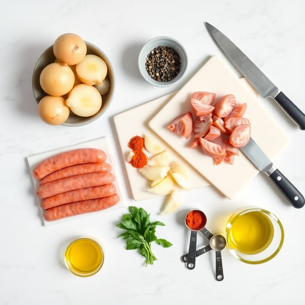 Raw potatoes, onions, smoked Polish sausage, and seasonings laid out on a marble surface