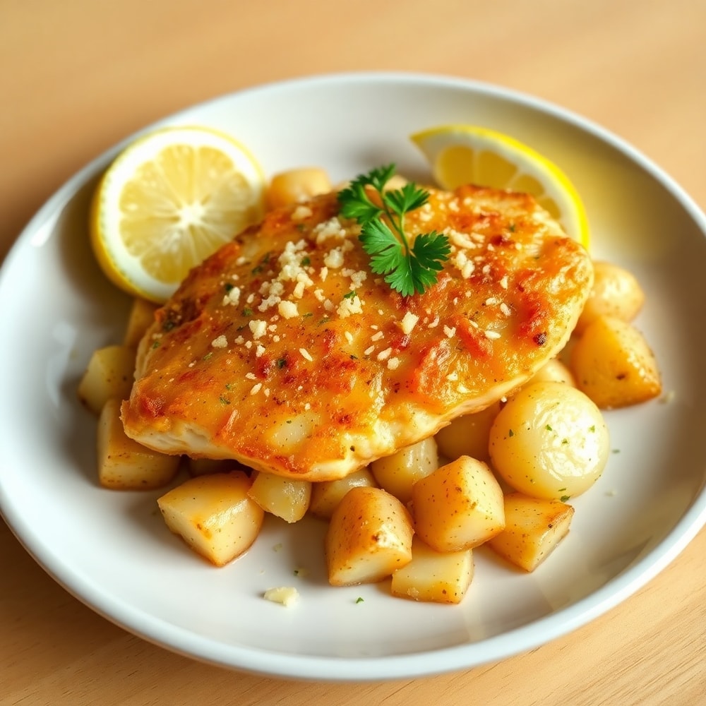 Plated Garlic Parmesan Chicken and Potatoes