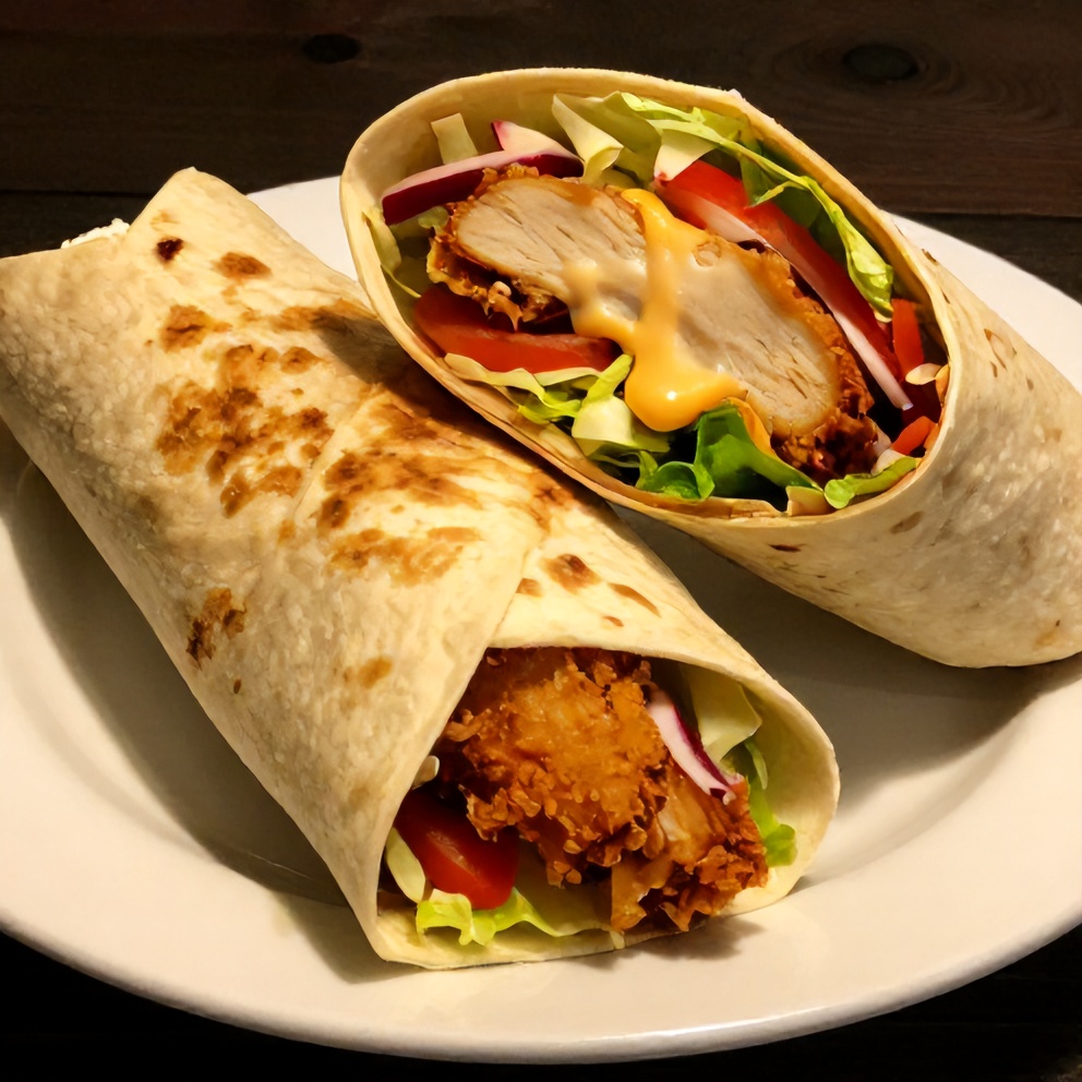 Plated Crispy Golden Garlic Chicken Wrap on a white plate