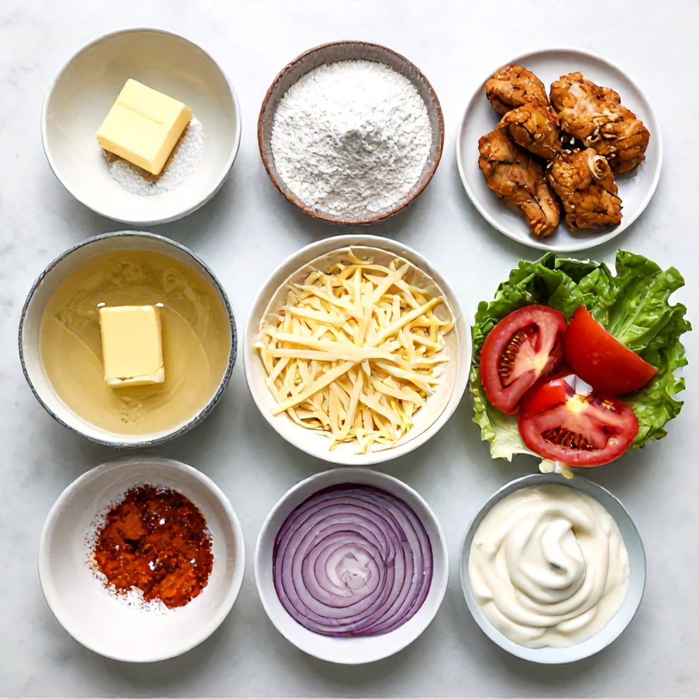 Raw ingredients for Crispy Golden Garlic Chicken Wraps on a white marble surface