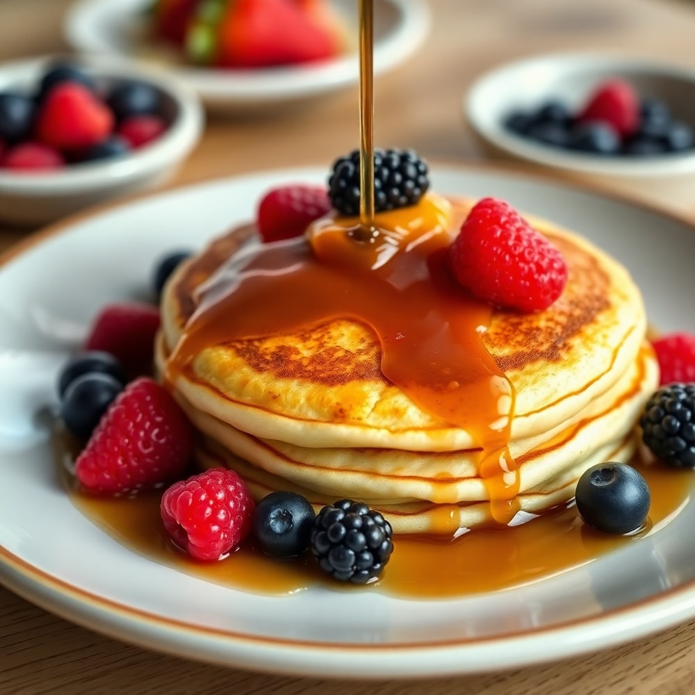 Stack of lion pancakes with syrup and berries