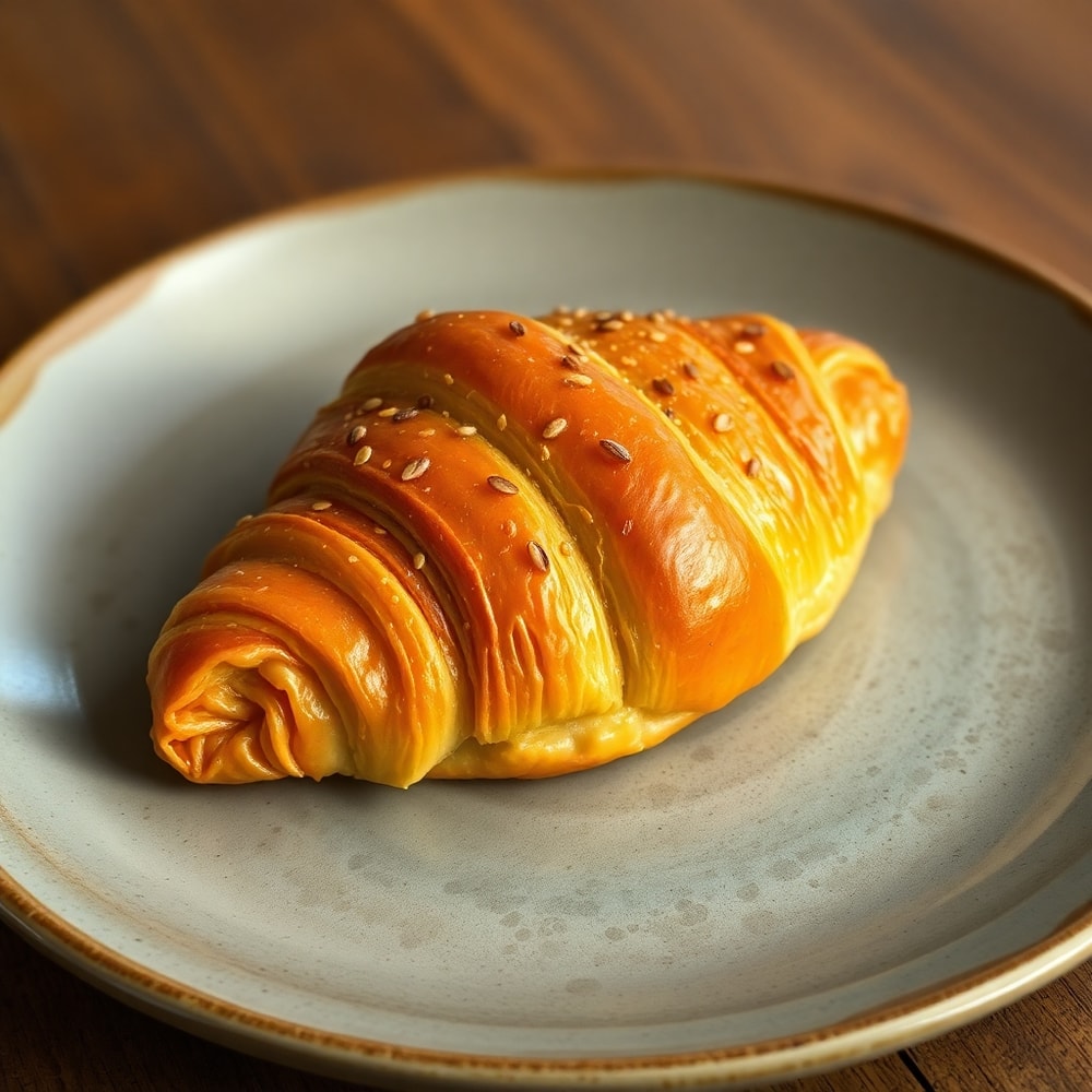 Ham and cheese croissant on a rustic plate with a fork