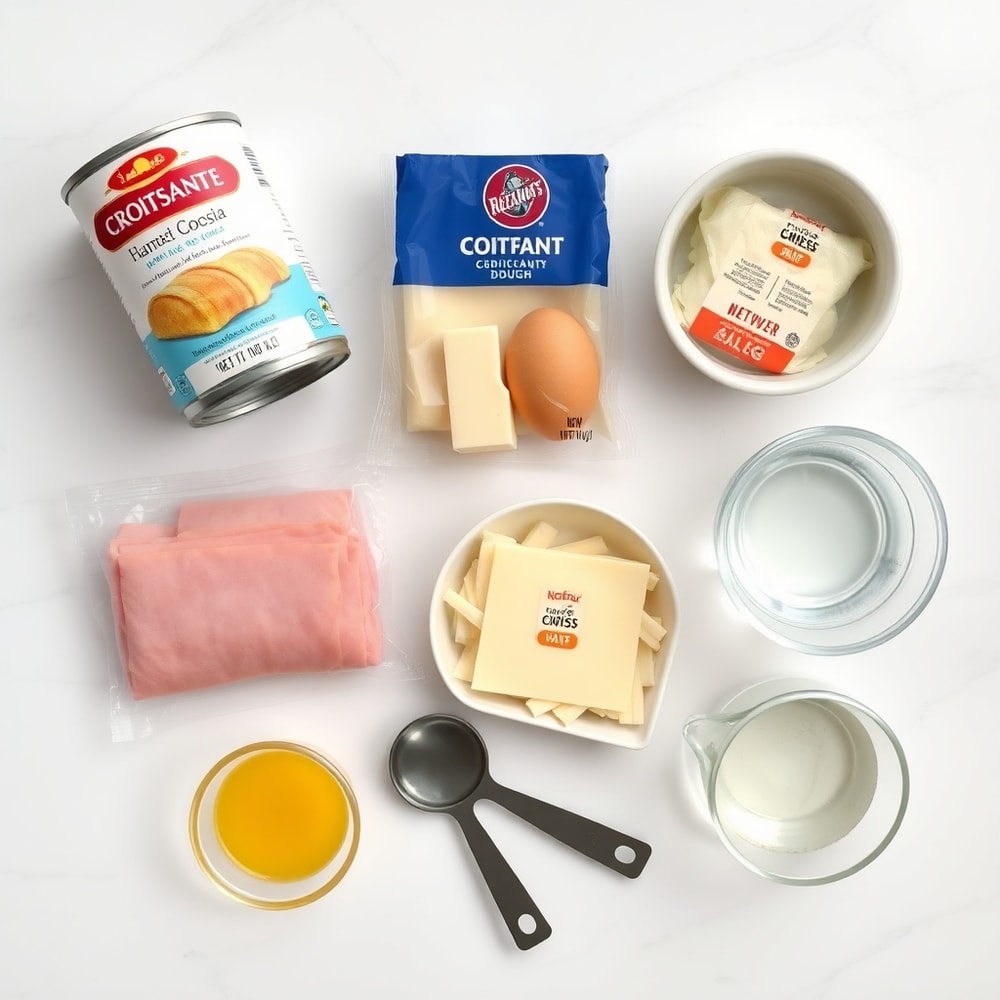Ham, cheese, butter, and croissant dough on a marble surface