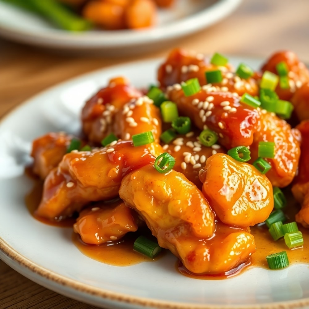 Plated Crispy Honey Garlic Chicken with green onions