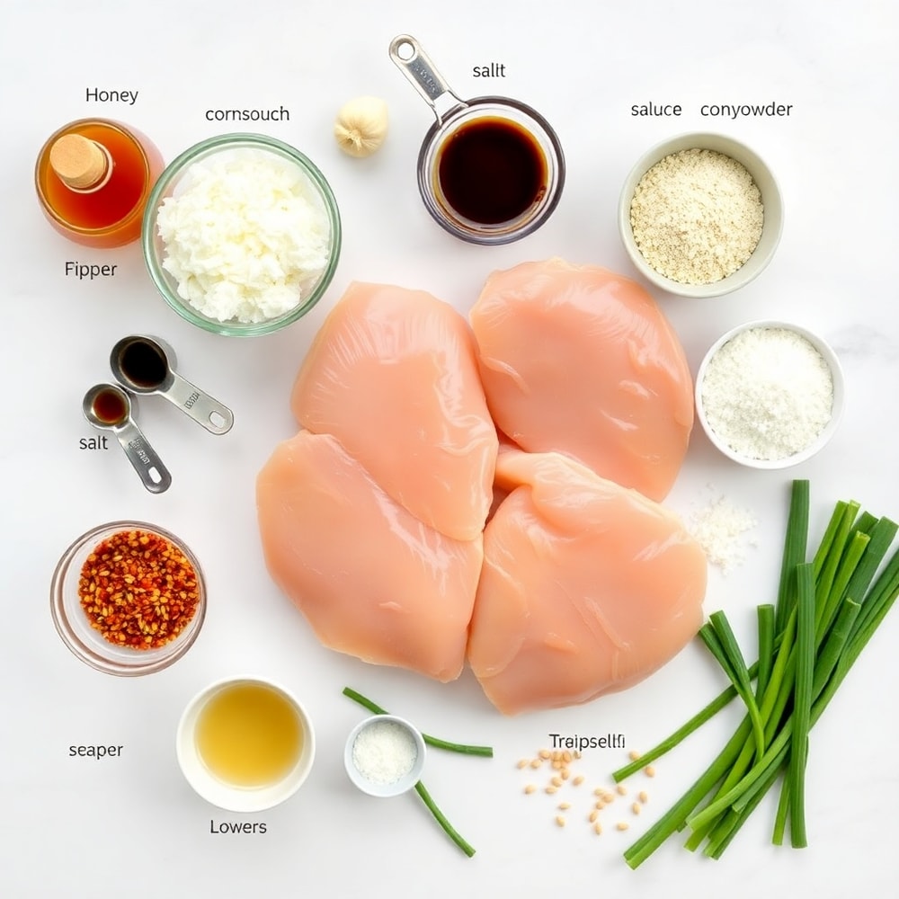 Raw ingredients for Crispy Honey Garlic Chicken on a white marble surface