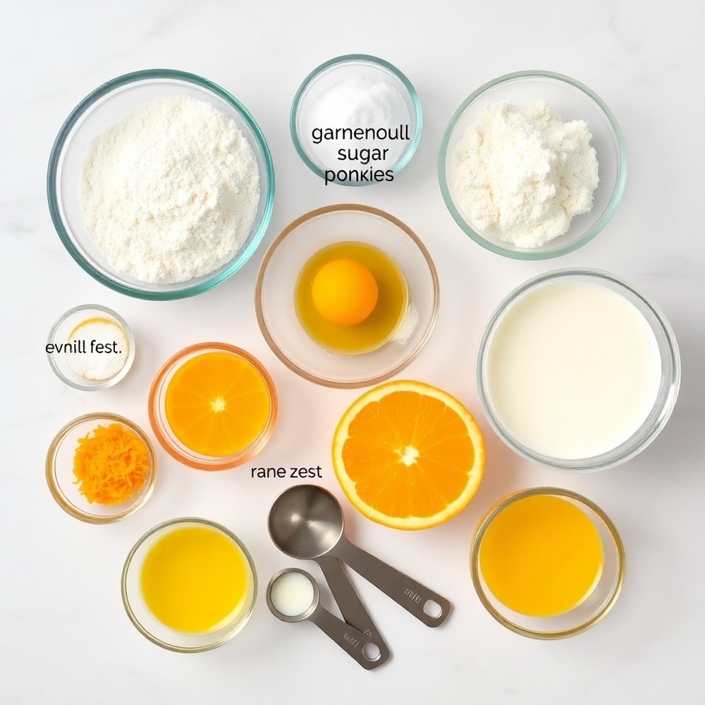 Raw ingredients for orange scone cookies arranged on a white marble surface