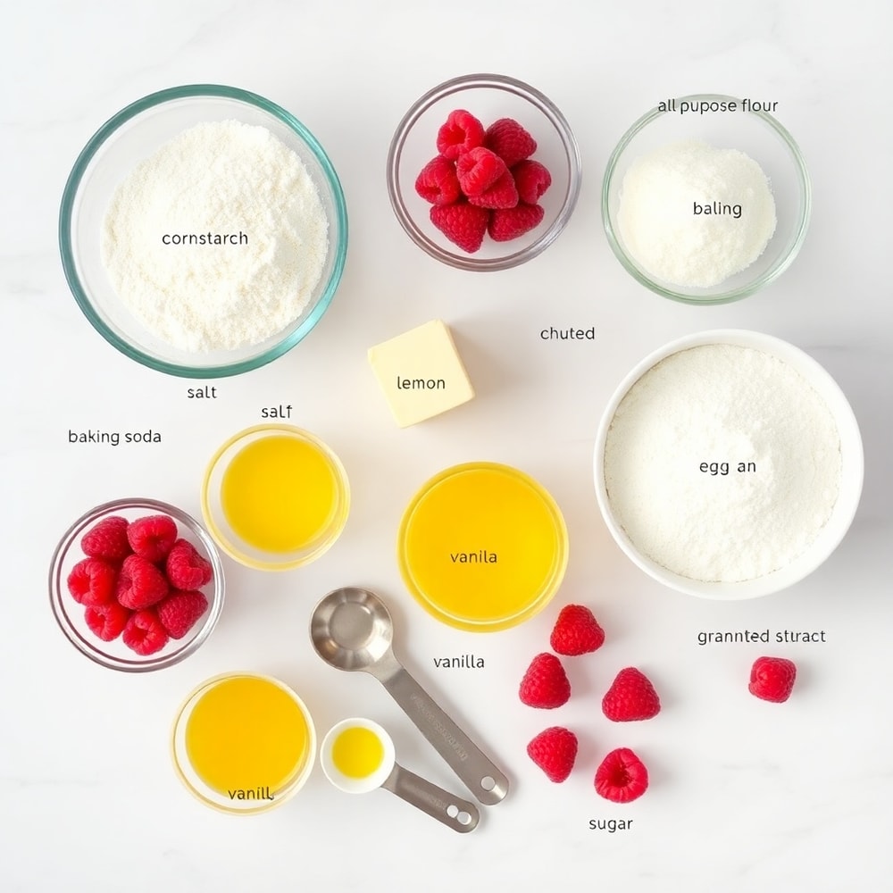 Raspberry Lemon Cookies ingredients on a white marble surface