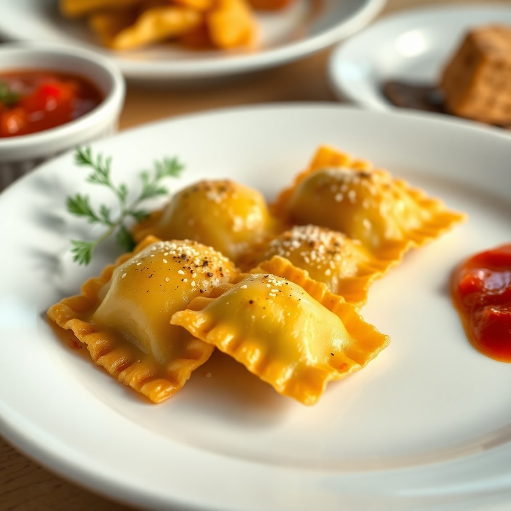 Crispy ravioli appetizer on a white plate with a side of marinara sauce