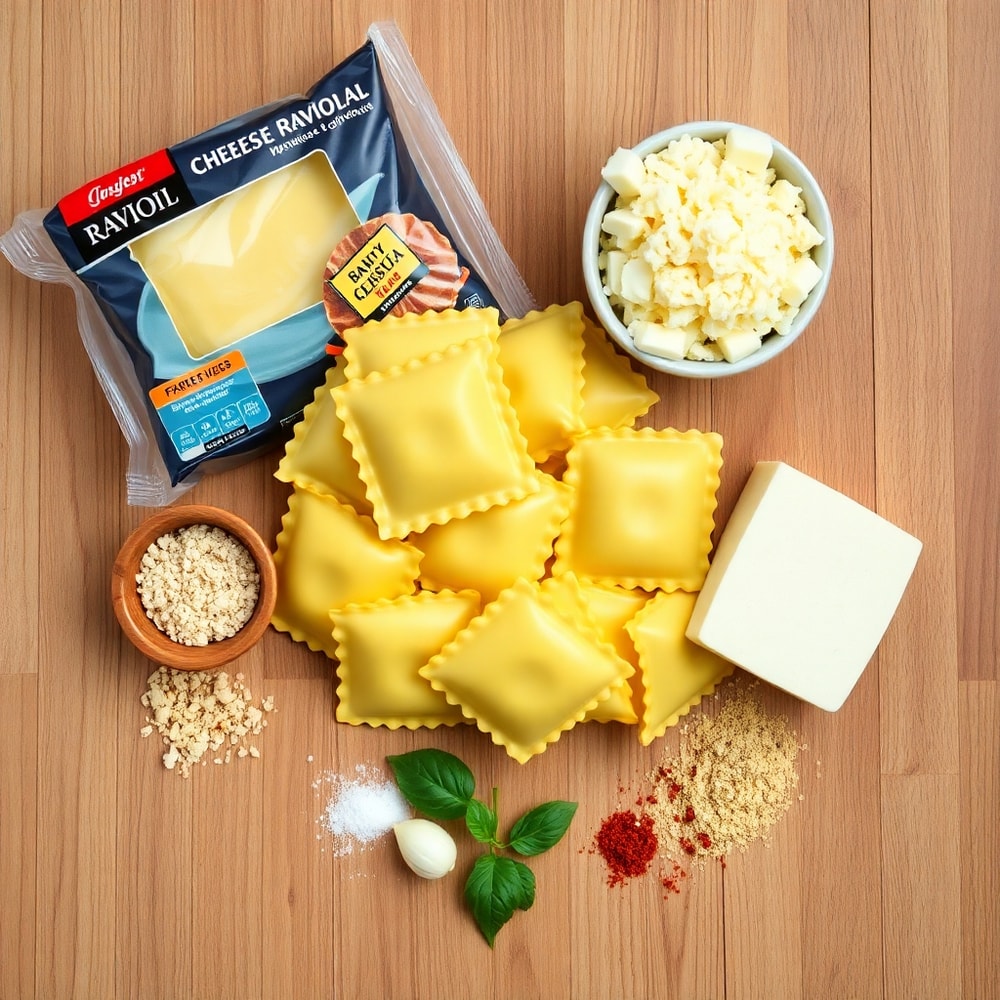 Ravioli, mozzarella, parmesan, garlic, and breadcrumbs arranged on a wooden surface