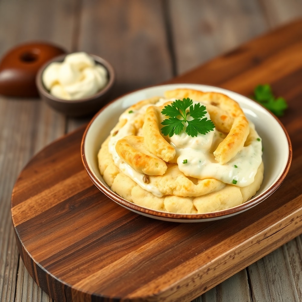 One perfect plated serving of Sour Cream and Onion Biscuits on a rustic wooden board, garnished with fresh parsley.