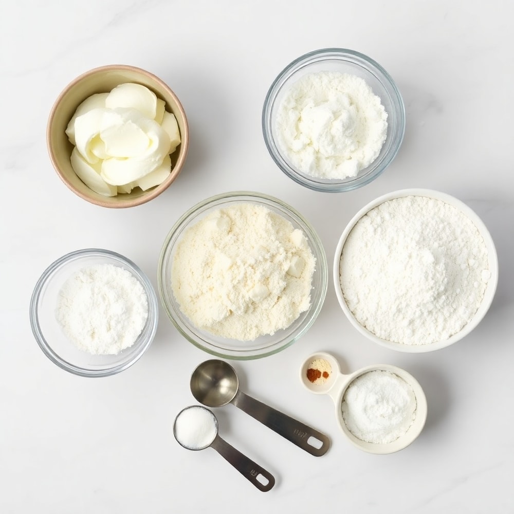 Raw ingredients for Sour Cream and Onion Biscuits arranged in an overhead flat lay, including sour cream, onion, flour, and baking powder.
