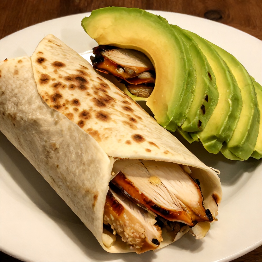 Plated Southwest Chicken Wrap with avocado slices on a white plate