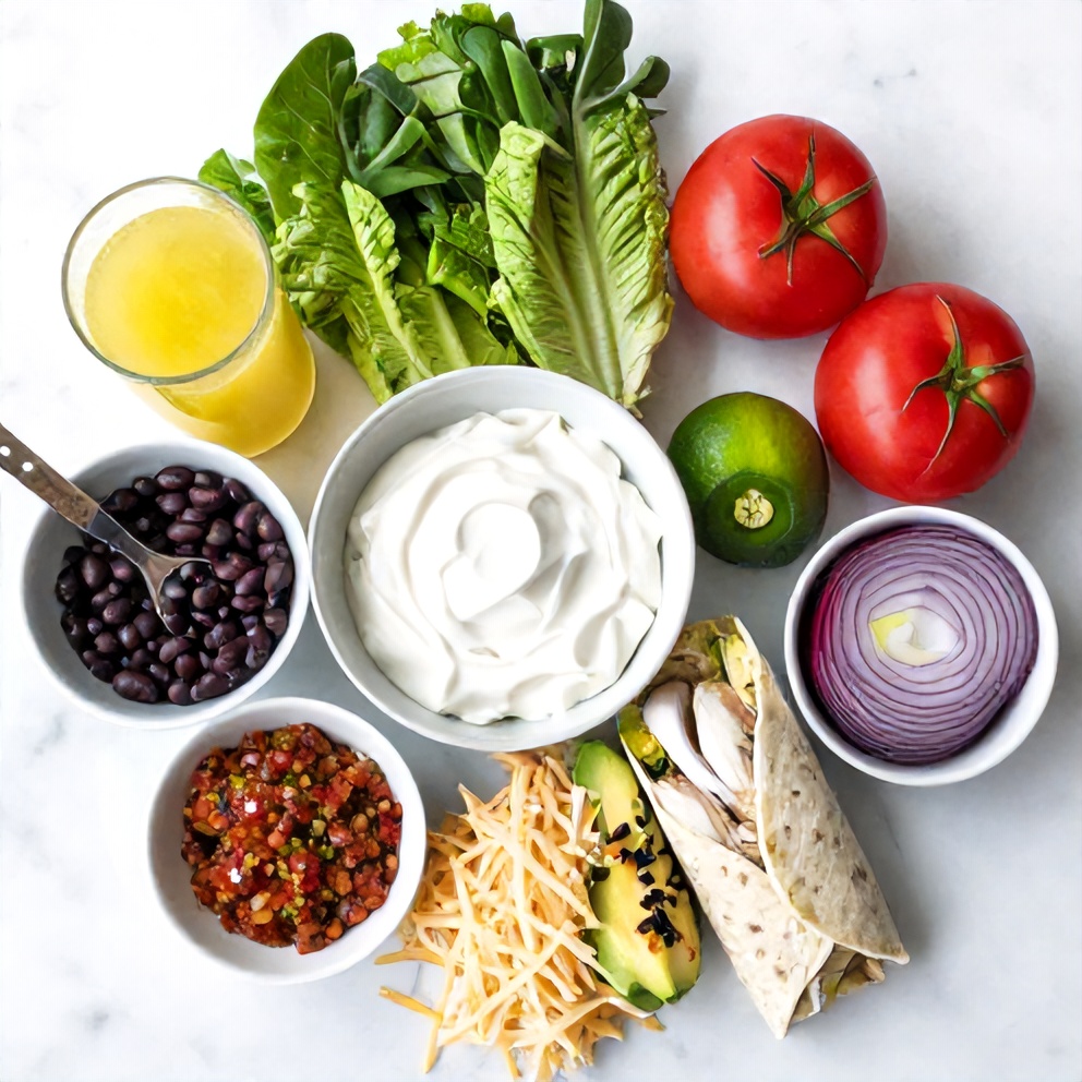 Raw ingredients for Southwest Chicken Wrap on a white marble surface