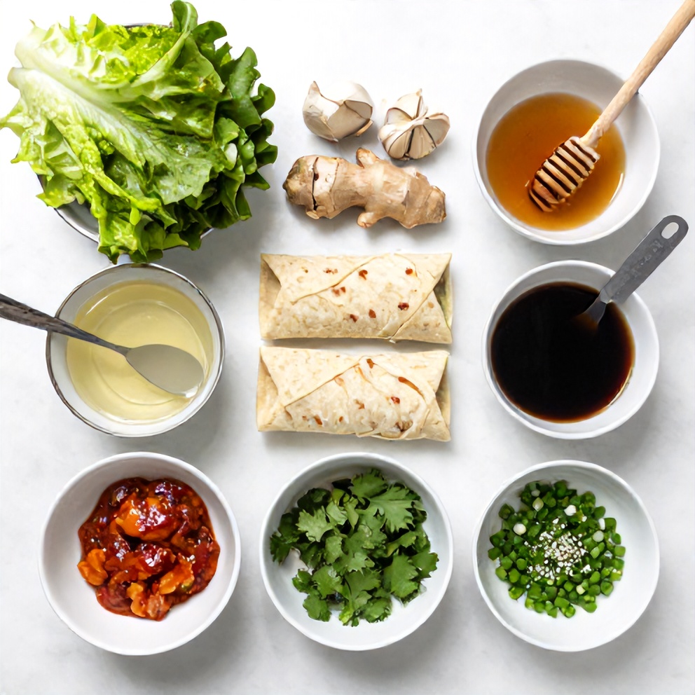Raw ingredients for Sweet Chili Chicken Wraps on a marble surface
