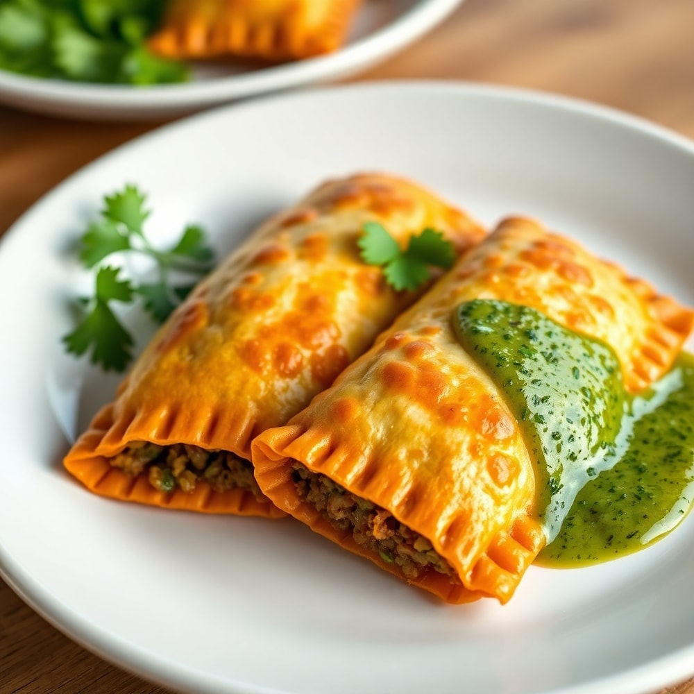 Vegan lentil empanadas with chimichurri sauce on a white plate