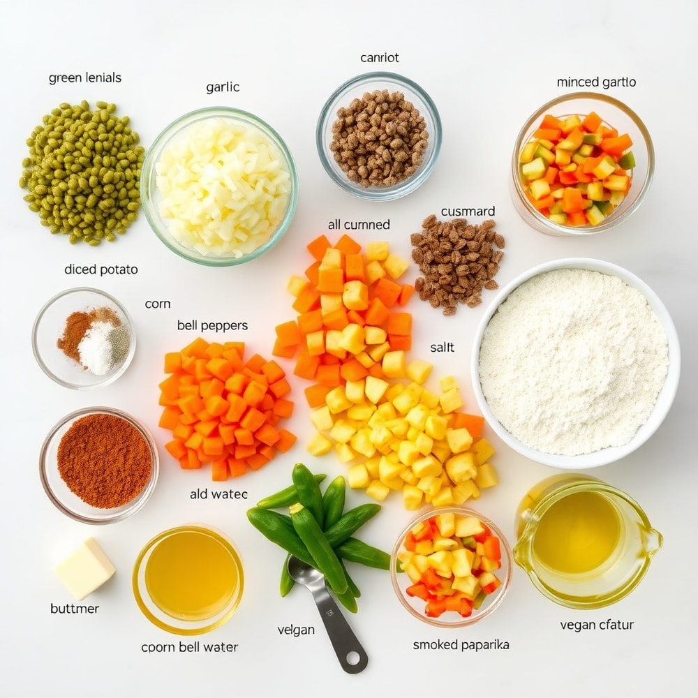 Raw ingredients for vegan lentil empanadas on a white marble counter