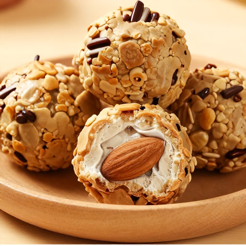 Almond Joy Protein Balls on a light wooden plate