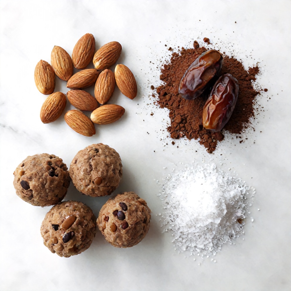 Raw ingredients for Almond Joy Protein Balls on a white marble surface