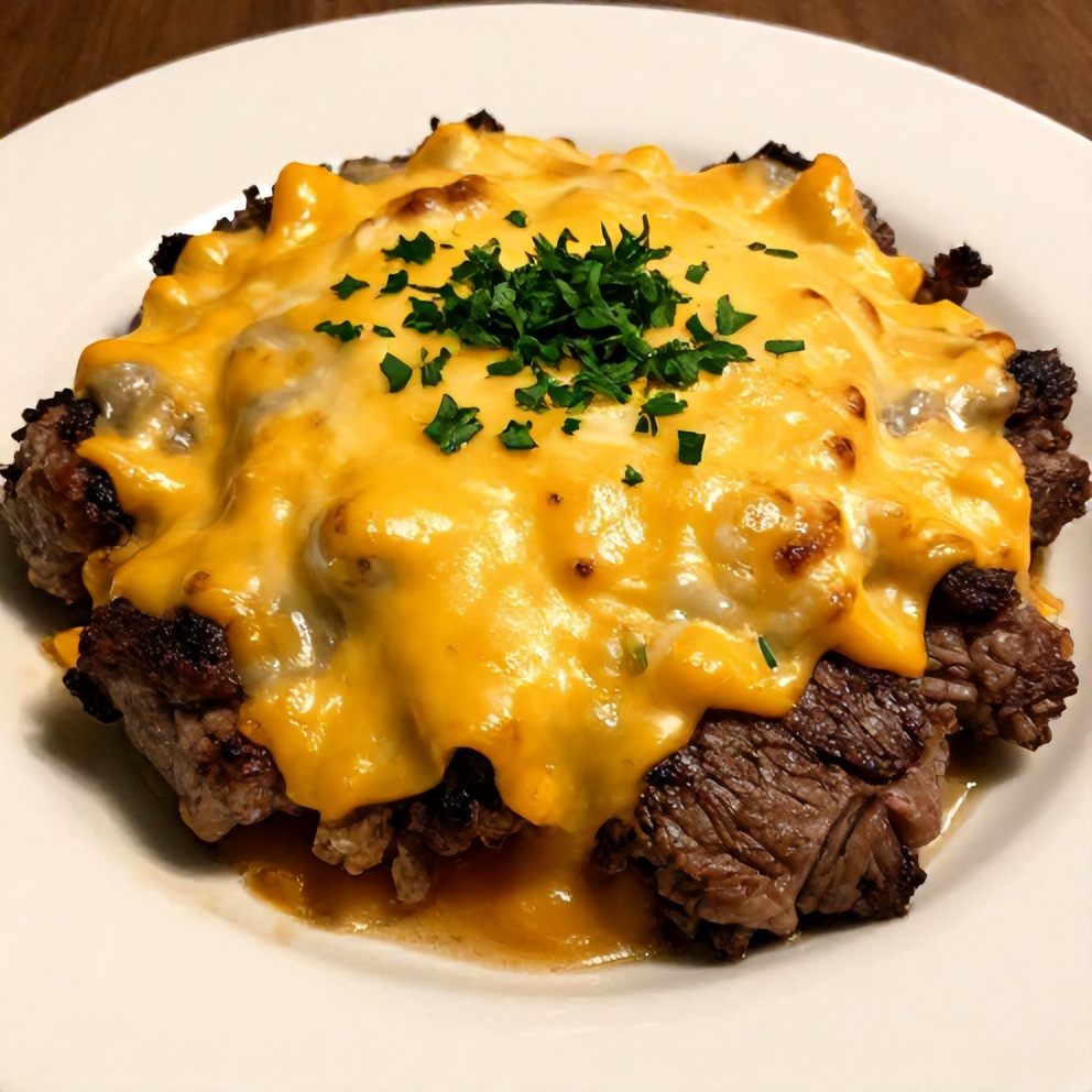 Plated Amish Hamburger Steak Bake with Cheddar Cheese