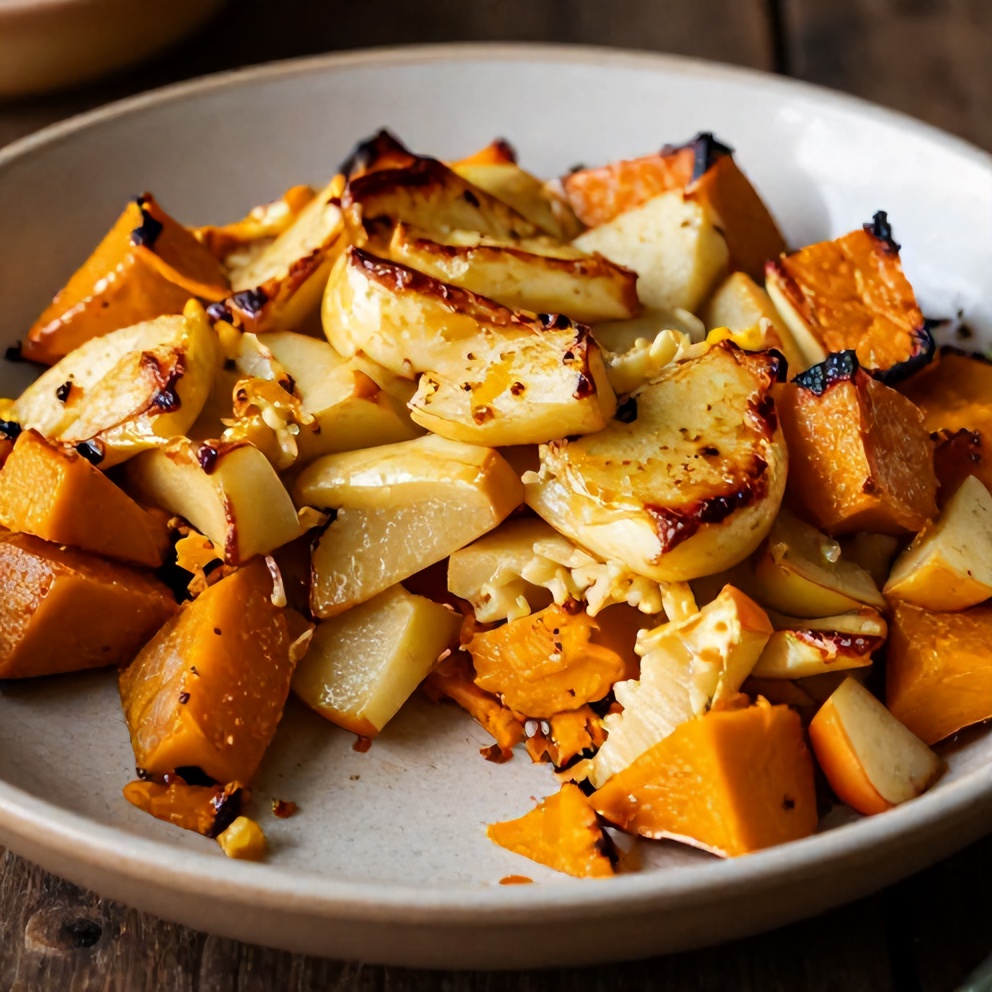 One perfect plated serving of the finished Apple Butternut Squash Casserole on a rustic plate, warm side lighting highlighting the crispy, caramelized apples and tender butternut squash, photorealistic food photography