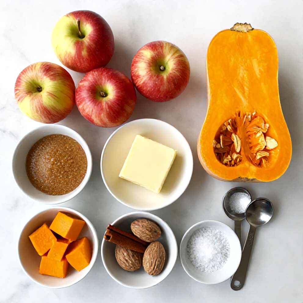 Overhead flat lay of the raw ingredients for Apple Butternut Squash Casserole, including apples, butternut squash, brown sugar, butter, cinnamon, nutmeg, salt, and pepper, small prep bowls and measuring spoons visible, white marble surface, bright even light, photorealistic overhead food photography