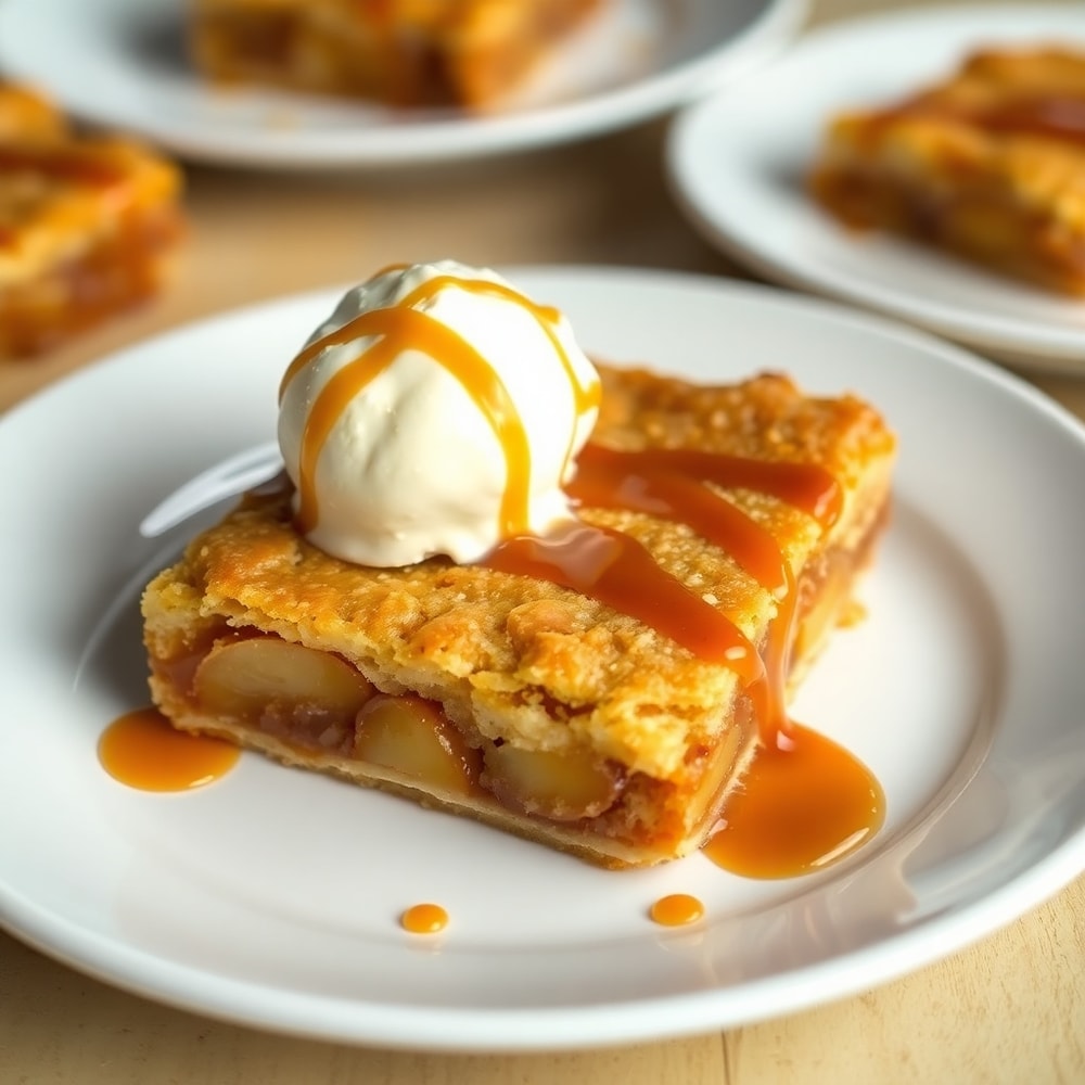 Apple Pie Bars with vanilla ice cream on a white plate