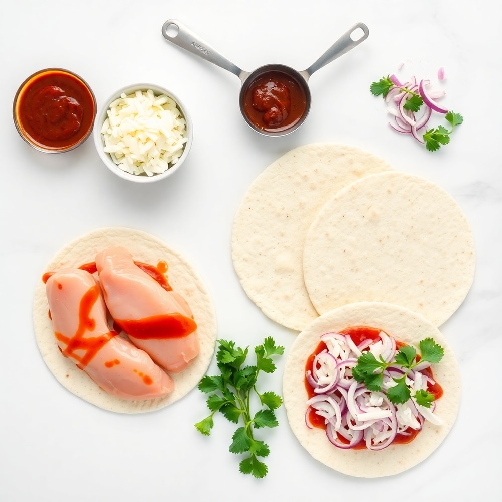Raw ingredients for BBQ Chicken Flatbread: chicken, flatbread, BBQ sauce, cheese, red onion, cilantro