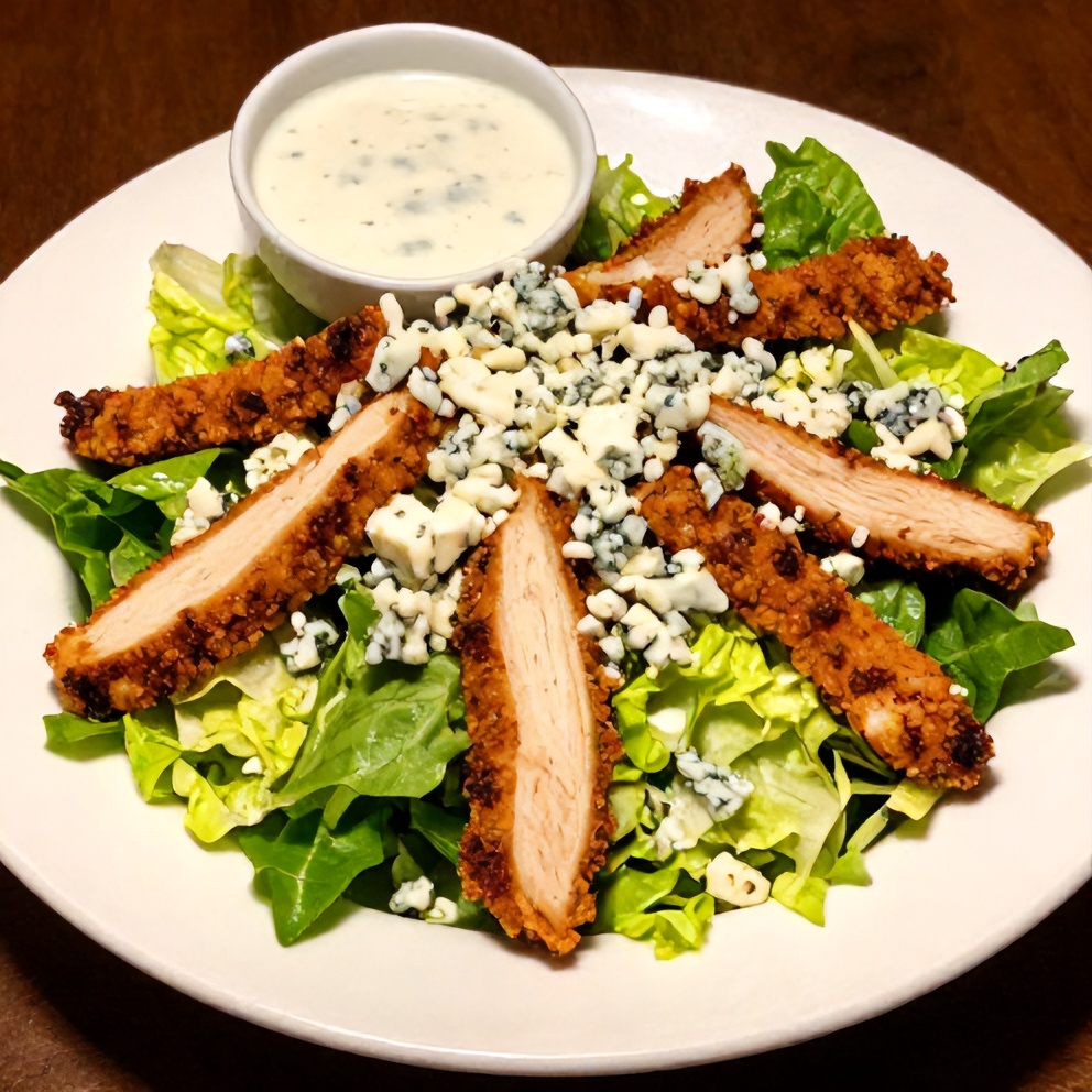Plated buffalo chicken salad with a side of ranch dressing