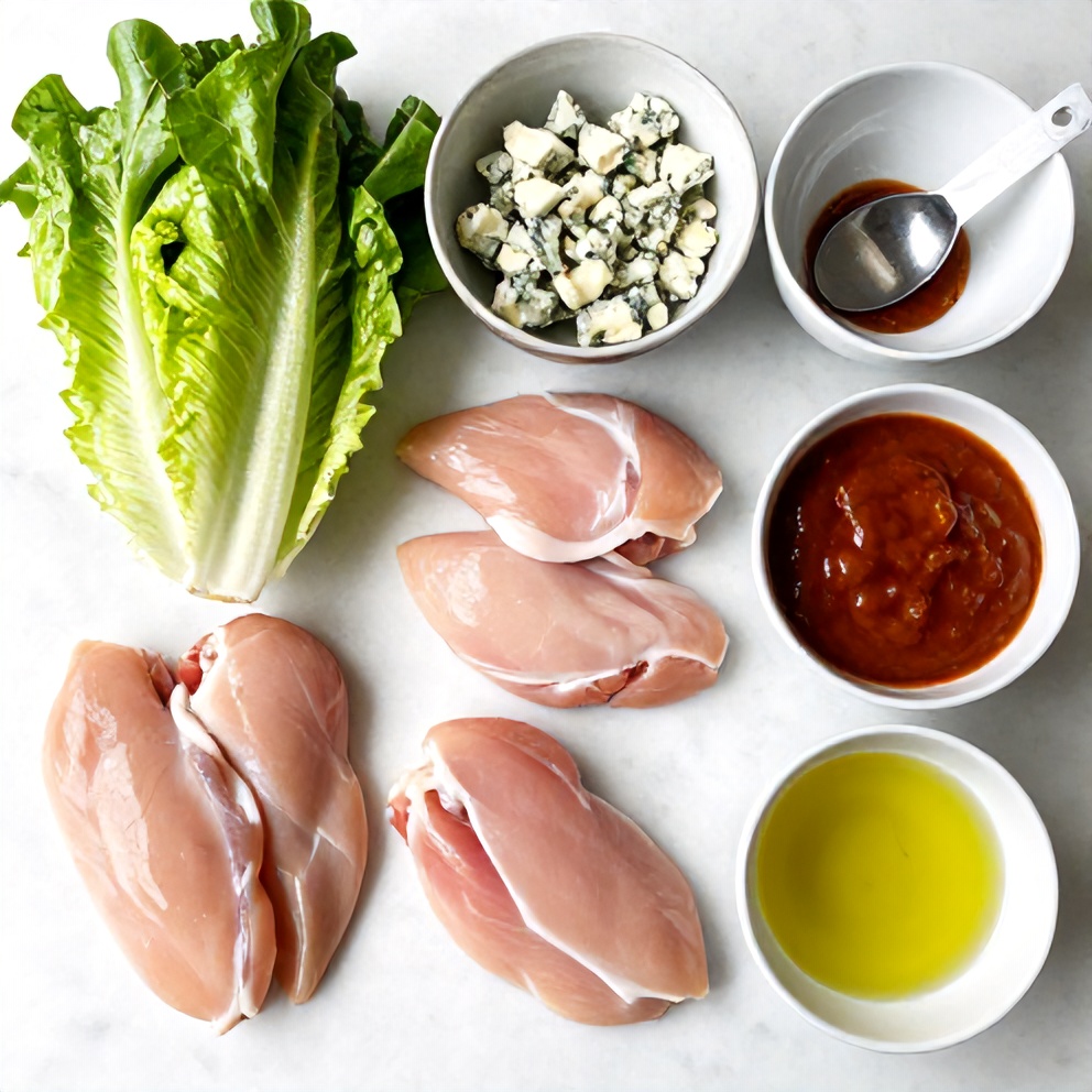 Raw ingredients for buffalo chicken salad laid out on a wooden surface