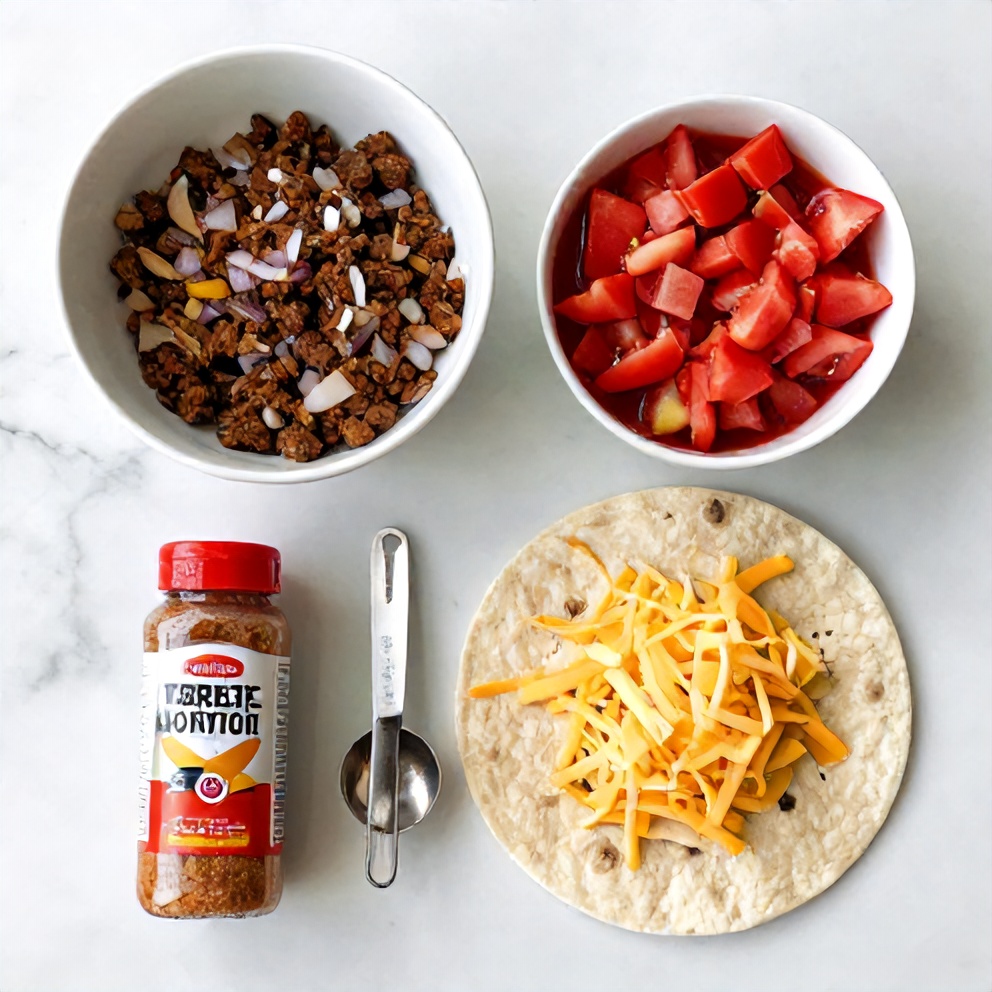 Raw ingredients for Cheesy Ground Beef Burrito Dinner