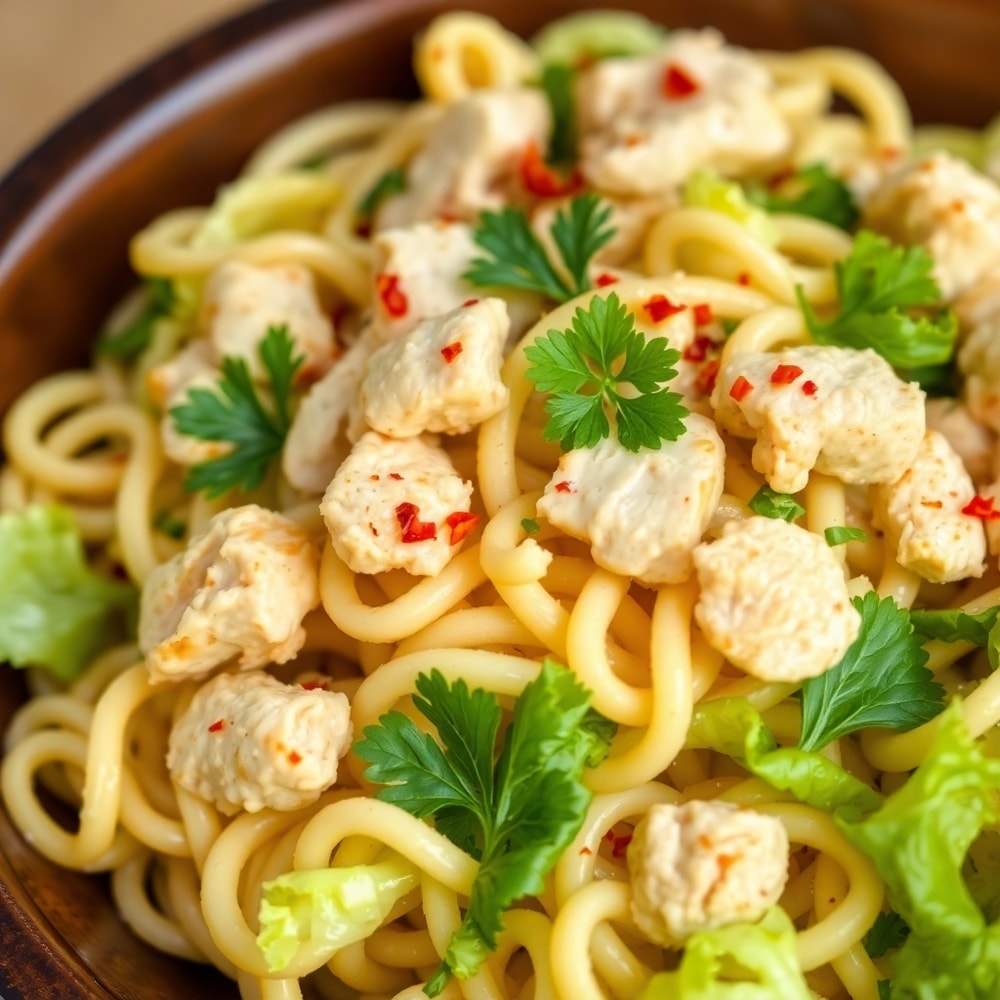 Plated Chicken Caesar Pasta Salad with fresh parsley