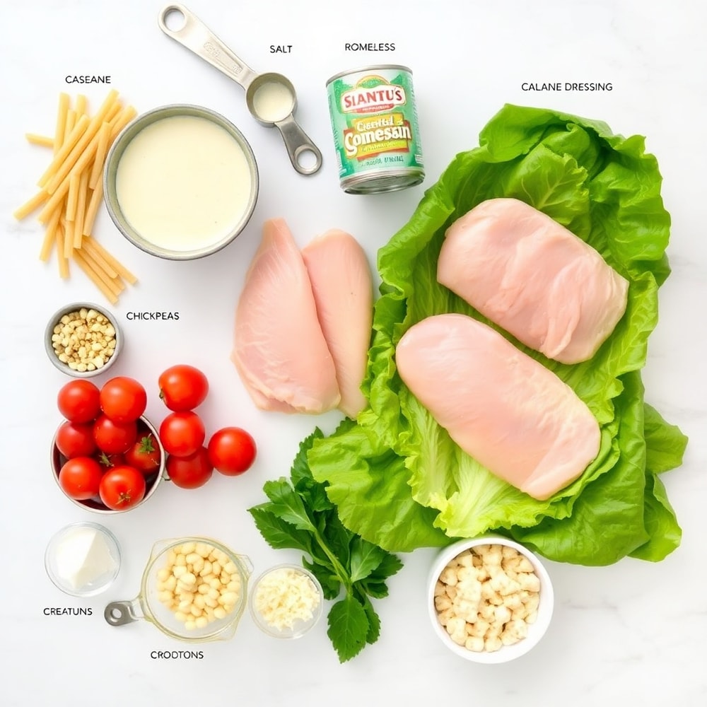 Raw ingredients for Chicken Caesar Pasta Salad