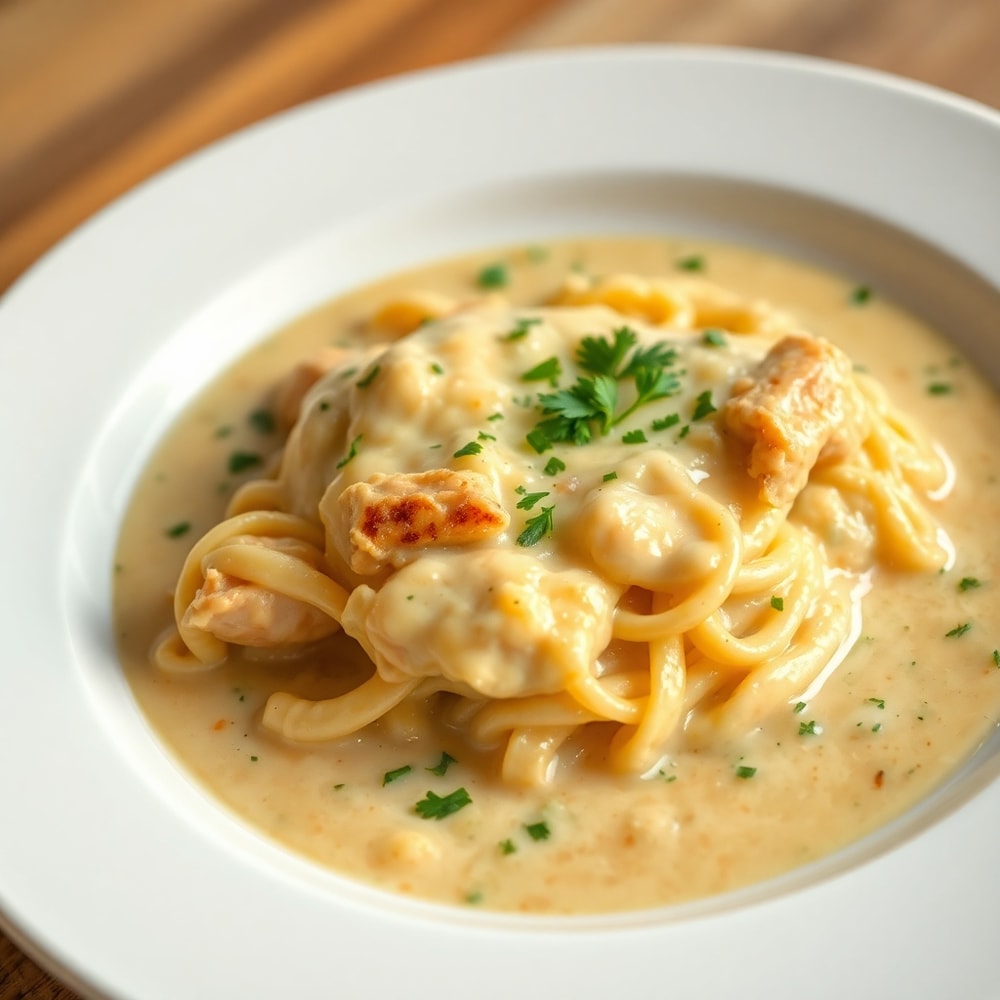 One serving of Chicken Tetrazzini on a white plate, surrounded by a pool of creamy sauce, with a sprinkle of fresh parsley.