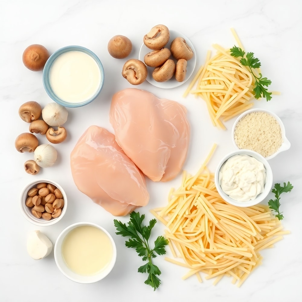 Raw ingredients for Chicken Tetrazzini: chicken breasts, mushrooms, onions, garlic, pasta, heavy cream, Parmesan cheese, arranged in a flat lay on a white marble surface.